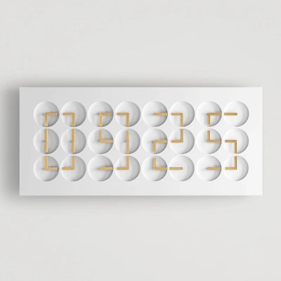 Die ClockClock 24 zeigt die Uhrzeit mit 24 weissen Korpus mit 22 Karat vergoldeten Uhrzeigern  sich synchron bewegen. Aus den Zeigern formt sich eine digitale Anzeige. Das minimalistische Design wirkt modern, technisch und zugleich k&uuml;nstlerisch pr&auml;zise